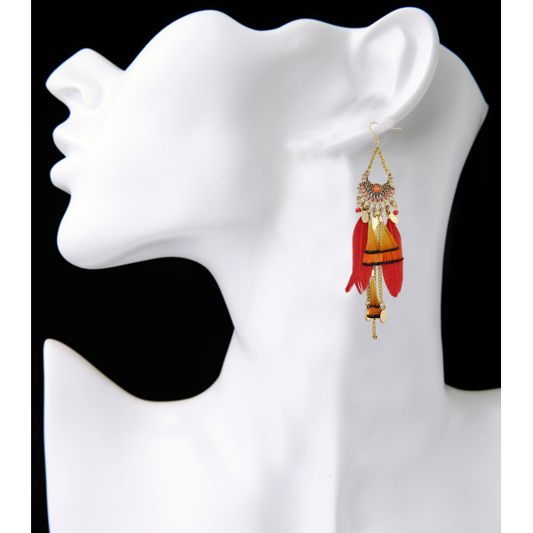 E-3864 Newest  Fashion Design Gold Plated Chain Bohemian Style Long Feather Tassel Hollow Out Drop  Earrings