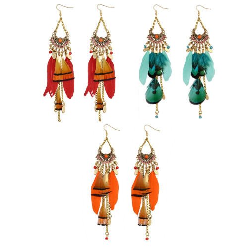 E-3864 Newest  Fashion Design Gold Plated Chain Bohemian Style Long Feather Tassel Hollow Out Drop  Earrings