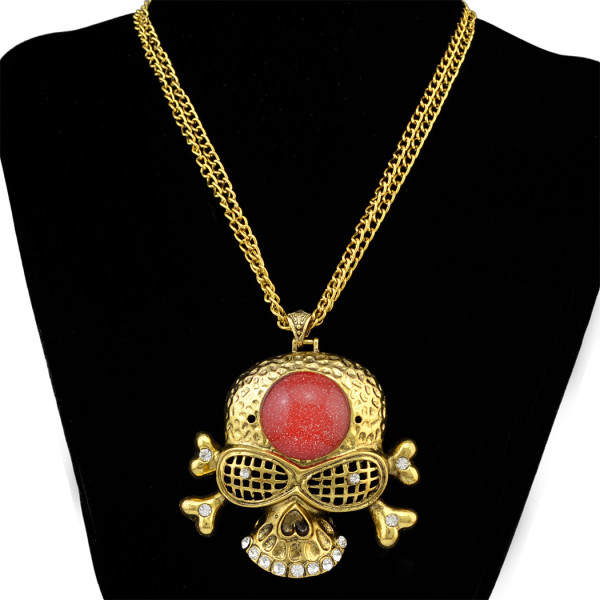 N-6414 Punk Cool Vintage Punk Rock Gothic Skull Pendant Double Short Chain Necklace