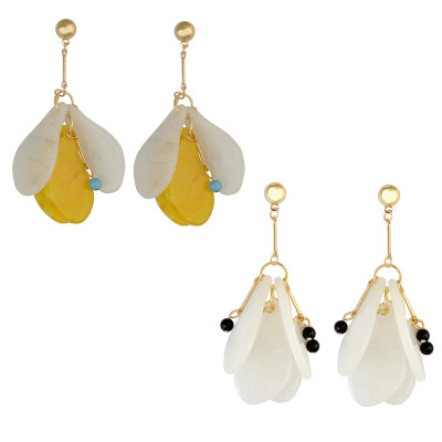 E-3870 2 Colors Fashion Style Gold Plated Long Tassel Fan Shape Resin Beads Drop Earrings for Women