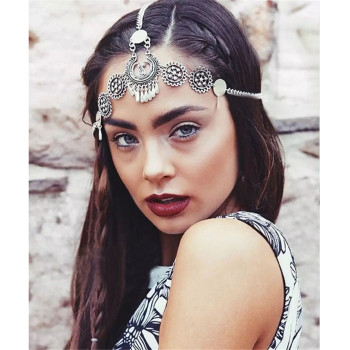 F-0352 Bohemian vintage style silver metal hollow out flower headpiece headband ethnic head chain headwear hair jewelry