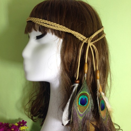 F-0350  bohemian vintage style hemp rope chain resin beads feather tassel hairband for women jewelry