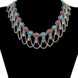 N-6408 Vintage Silver Short Chain Resin Beads Tassel Statement Necklace Choker