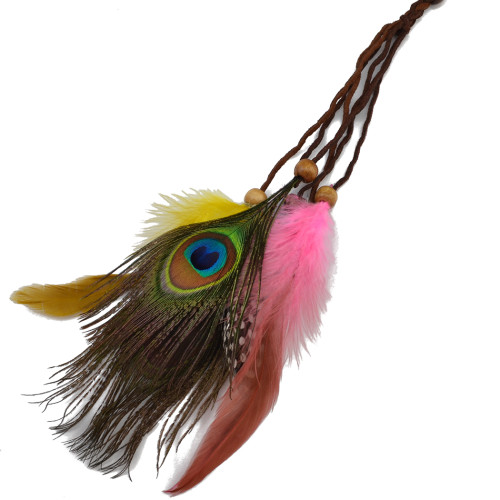 F-0354 Fashion Indian Exotic Peacock Feather Headware Handmade Headband Weave Leather Chain Wooden Beaded Feather Tassel  Headband Jewelry
