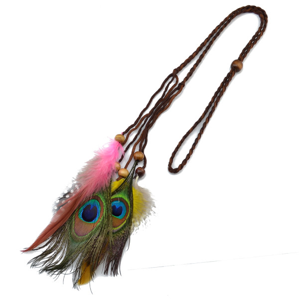 F-0354 Fashion Indian Exotic Peacock Feather Headware Handmade Headband Weave Leather Chain Wooden Beaded Feather Tassel  Headband Jewelry