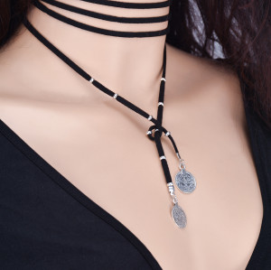 N-6442 bohemian vintage Handmade Long Black Chain coin Pendants Necklaces for women Jewerly