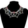 N-6425 Fashion Boho Vintage Silver Plated  Chain Red& Blue Resin Beads Tassel Statement Women Necklace Jewelry