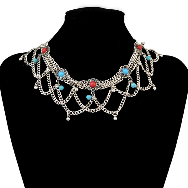 N-6425 Fashion Boho Vintage Silver Plated Chain Red& Blue Resin Beads Tassel Statement Women Necklace Jewelry