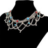 N-6425 Fashion Boho Vintage Silver Plated Chain Red& Blue Resin Beads Tassel Statement Women Necklace Jewelry