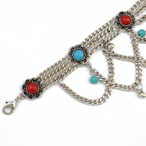 N-6425 Fashion Boho Vintage Silver Plated  Chain Red& Blue Resin Beads Tassel Statement Women Necklace Jewelry