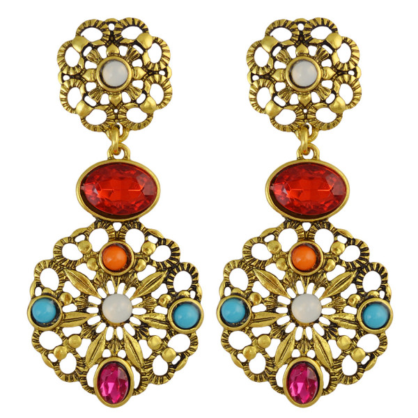 E-3868  Retro Palace Hollow Inlay Colored Gemstone Crystal Resin Beads Fashion Drop Earrings for Women