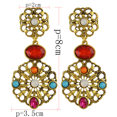 E-3868  Retro Palace Hollow Inlay Colored Gemstone Crystal Resin Beads Fashion Drop Earrings for Women