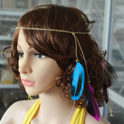 F-0359 Bohemian vintage style Handmade Wood Beads feather tassel Rubber Band hair Jewelry