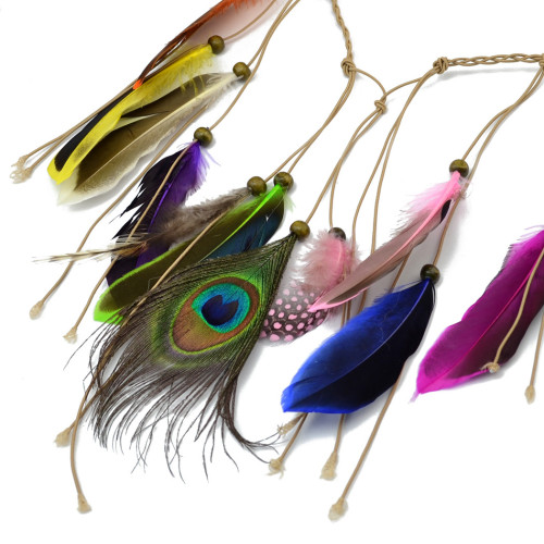 F-0359 Bohemian vintage style Handmade Wood Beads feather tassel Rubber Band hair Jewelry