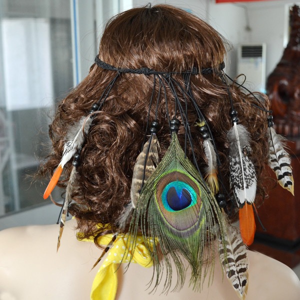 F-0358 Charming Bohemian style Handmade Wood Beads Wave Leather Feather Tassel  Hairband Accessory Jewelry