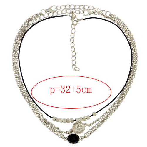 N-6435 3 Pcs/set Fashion Leather Chain Silver Plated Chain Black Resin Pendant Choker Necklace