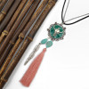 N-6432 Bohemian Vintage Style Silver Plated Long Chain bull shape Pendant with leaf tassel Necklace for Women Jewelry