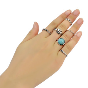 R-1398 6Pcs/set Bohemian Turkish Silver Alloy Natural Turquoise Finger Nail Midi Rings  Hollow out  Knuckle Rings For Women Jewelry