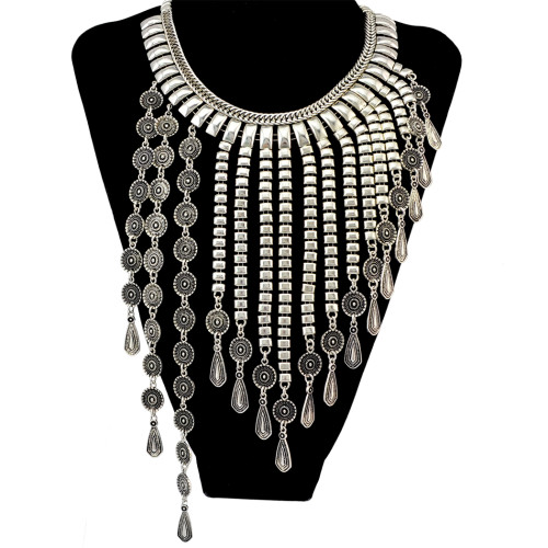 N-6447 Bohemian Silver plated Fashion Necklace with long coin shape Tassels collar For Women Jewelry