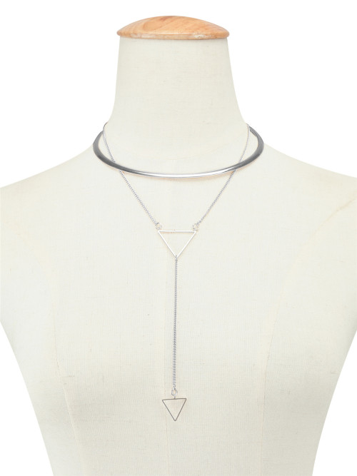 N-6457 European Fashion Punk Style Silver Plated Chain with Long Tassel Triangle Round Bid Choker Statement Necklace Bijoux Femme