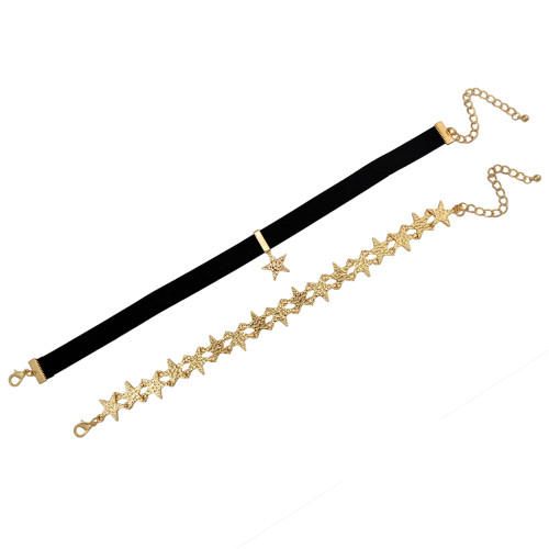 N-6454 Gold Stars Choker Necklace and Black Velvet Necklace Choker with Pendant, Set of 2