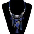 N-6467 Bohemian Fashion Silver Plated Leather Chain Resin Beads Natrual Stone Feather Tassel Necklace Jewelry