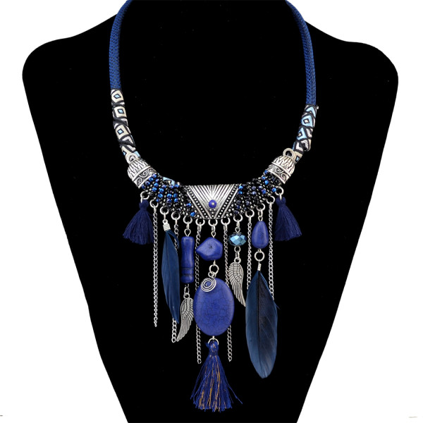 N-6467 Bohemian Fashion Silver Plated Leather Chain Resin Beads Natrual Stone Feather Tassel Necklace Jewelry