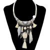 N-6467 Bohemian Fashion Silver Plated Leather Chain Resin Beads Natrual Stone Feather Tassel Necklace Jewelry
