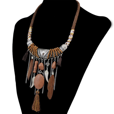 N-6467 Bohemian Fashion Silver Plated Leather Chain Resin Beads Natrual Stone Feather Tassel Necklace Jewelry