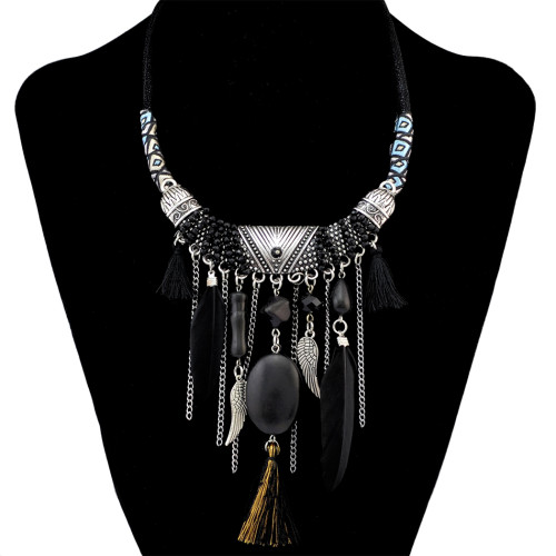 N-6467 Bohemian Fashion Silver Plated Leather Chain Resin Beads Natrual Stone Feather Tassel Necklace Jewelry