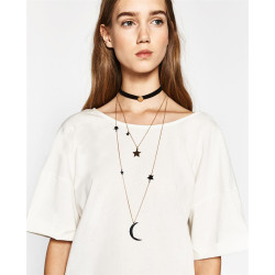 N-6453 2Pcs/set Delicate Design Gold Plated Star & Moon Pendant Necklaces Black Leather Chain Choker Necklace Women Jewelry