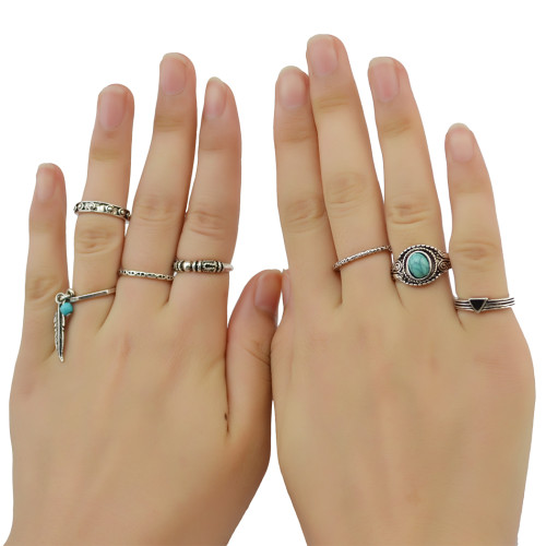R-1408 7Pcs/set Bohemian Turkish Silver Natural Turquoise Finger Nail Midi Rings Leaf Alloy Knuckle Rings For Women Jewelry