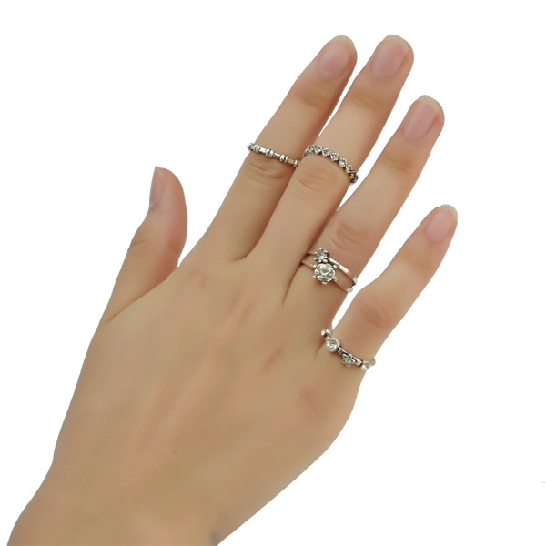 R-1405 4Pcs/set Gypsy Silver Fashion Ring Hollow Out Crystal Rhinestone Knuckle Nail Midi Finger Rings For Women Jewelry