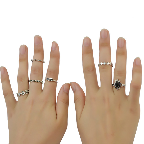 R-1404 Boho Style Vintage Silver Plated Alloy Leaf Shape with Resin Knuckle Nail Midi Rings Set Jewelry 6Pcs/Set