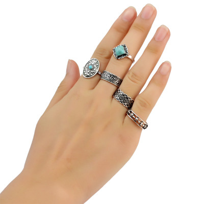 R-1409 Fashion Vintage Silver Gypsy Joint Knuckle Nail Turquoise Midi Ring Set 5 Rings Women's Jewelry