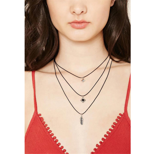 N-6463 3pcs/set Black Leather Chain Leaf Bead Pendant Choker Necklace Jewelry for women