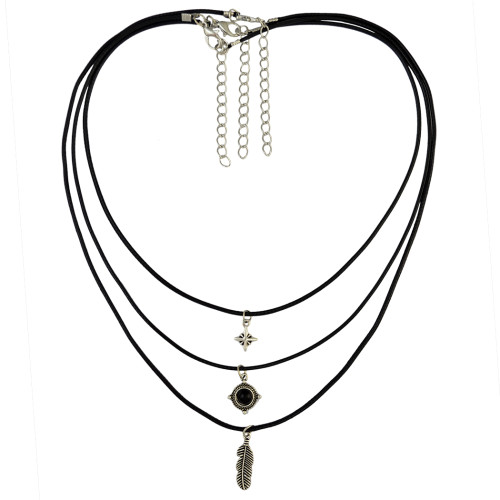 N-6463 3pcs/set Black Leather Chain Leaf Bead Pendant Choker Necklace Jewelry for women