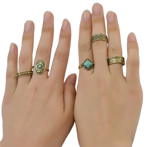 R-1409 Fashion Vintage Silver Gypsy Joint Knuckle Nail Turquoise Midi Ring Set 5 Rings Women's Jewelry