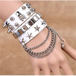 B-0810 2pcs/set Fashion Bohemia 2 styles 3 Colors Carving Five-pointed star with Chain and Skull Shape Silver Leather Cuff Bangle Bracelets Can be Adjustable