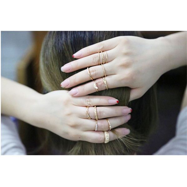 R-1411  12Pcs/Set European Style Gold Plated Alloy Hollow Out Flower Shape Carved Crystal Knuckle Nail Finger Midi Rings Set Jewelry