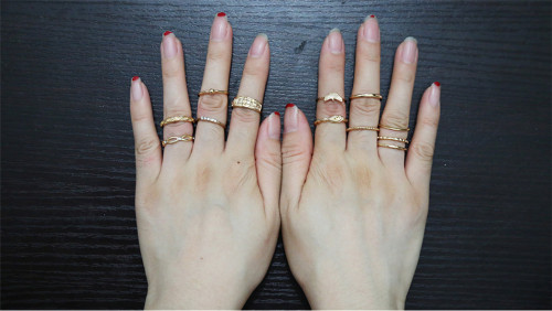 R-1411  12Pcs/Set European Style Gold Plated Alloy Hollow Out Flower Shape Carved Crystal Knuckle Nail Finger Midi Rings Set Jewelry