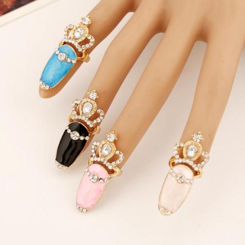 R-1356  Fashion Nail Ring Charm Goldplated Crown Shape Rhinestone Nail Ring for Women Jewelry