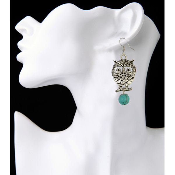 E-3888 Fashion Silver Plated Turquoise Beads Owl Shape Dangle Earring for Women Jewelry