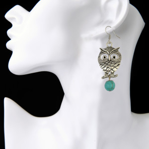 E-3888 Fashion Silver Plated Turquoise Beads Owl Shape Dangle Earring for Women Jewelry