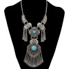 N-6490 Vintage Silver Plated Natural Turquoise Beads Hollow Out Flower Tassel Pendant Necklace
