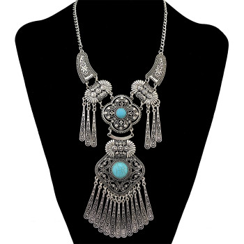 N-6490 Vintage Silver Plated Natural Turquoise Beads Hollow Out Flower Tassel Pendant Necklace