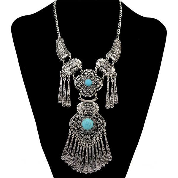 N-6490 Vintage Silver Plated Natural Turquoise Beads Hollow Out Flower Tassel Pendant Necklace