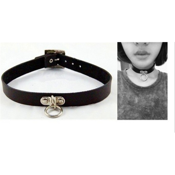 N-6487 Punk Style Black & White PU Leather Silver Round Pendant Gothic Choker Necklace Women Jewelry