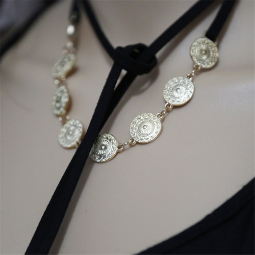 N-6486 Fashion Style Gold Plated Black Long Leather Chain Pendant  Necklace for Women Jewelry