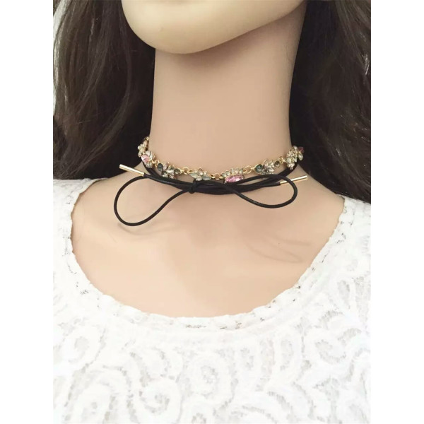 N-6496 bohemian vintage style gold plated black leather chain flower shape crystal pendant necklace for women jewelry
